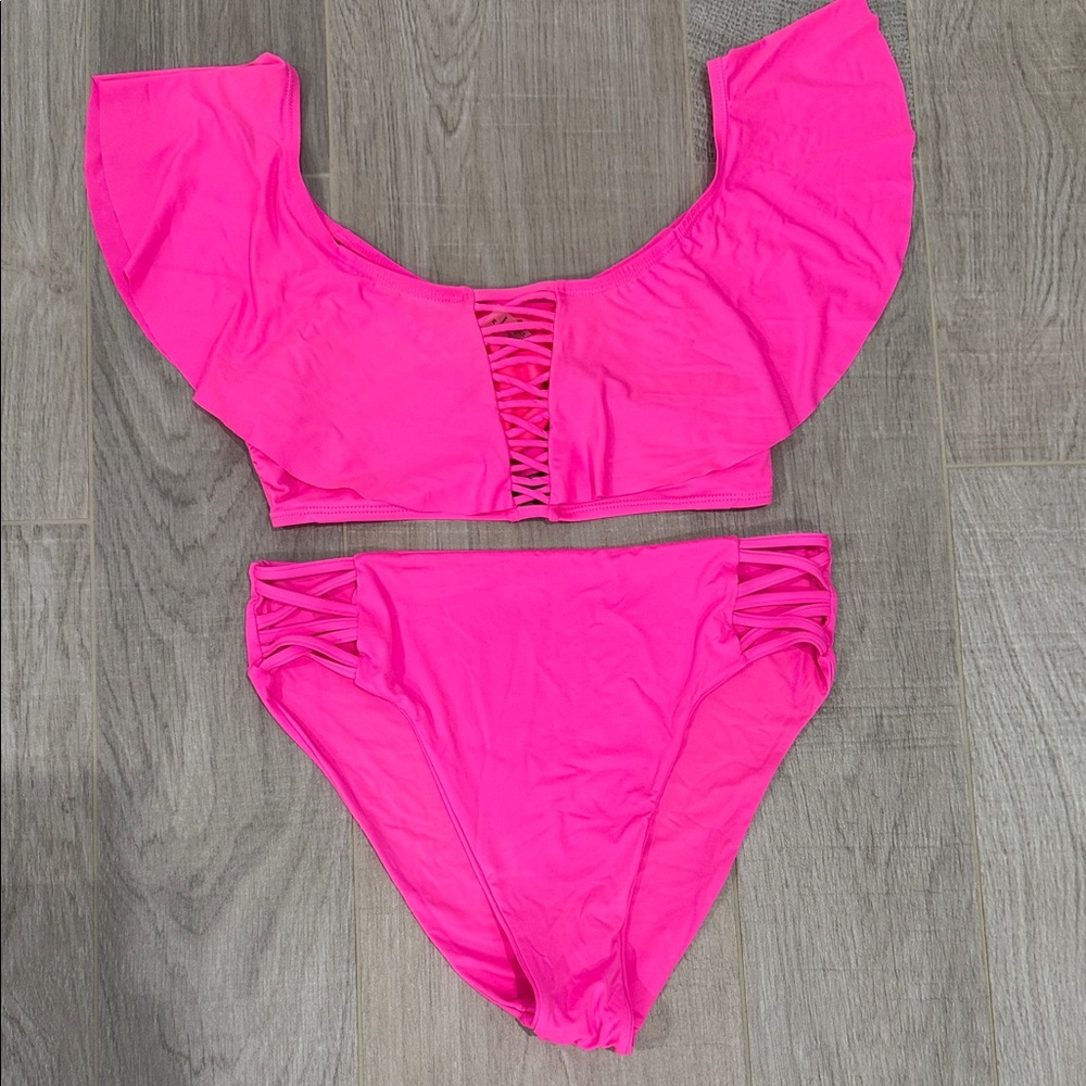 Neon Pink Ruffle Off-Shoulder Bikini Set